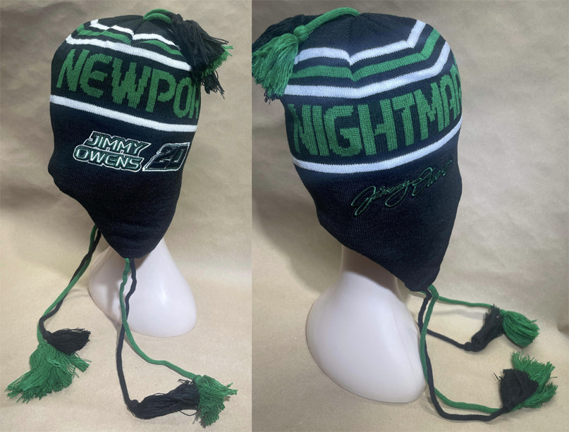 H2208BGR - Black / Green Double Sided Striped Beanie with Strings