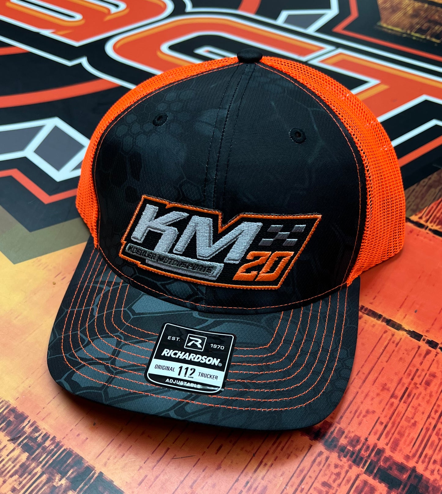 H2301BFO - Black / Flo Orange Mesh KM20 Logo Snap Back Hat